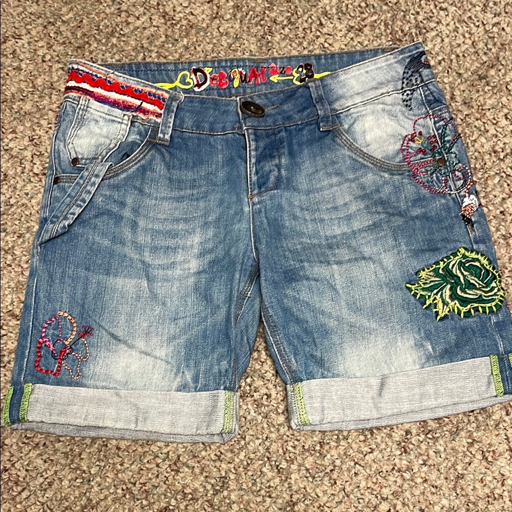 Desigual embroidered Denim Shorts with Colorful embellishment